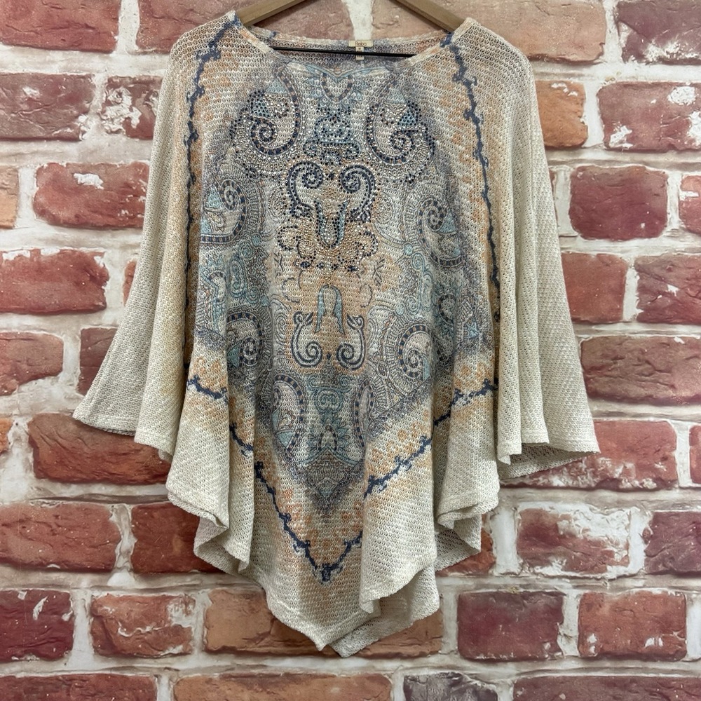 Reba Kimono Poncho Top Women's M Multicolor Boho Floral Rhinestone Knit Shirt